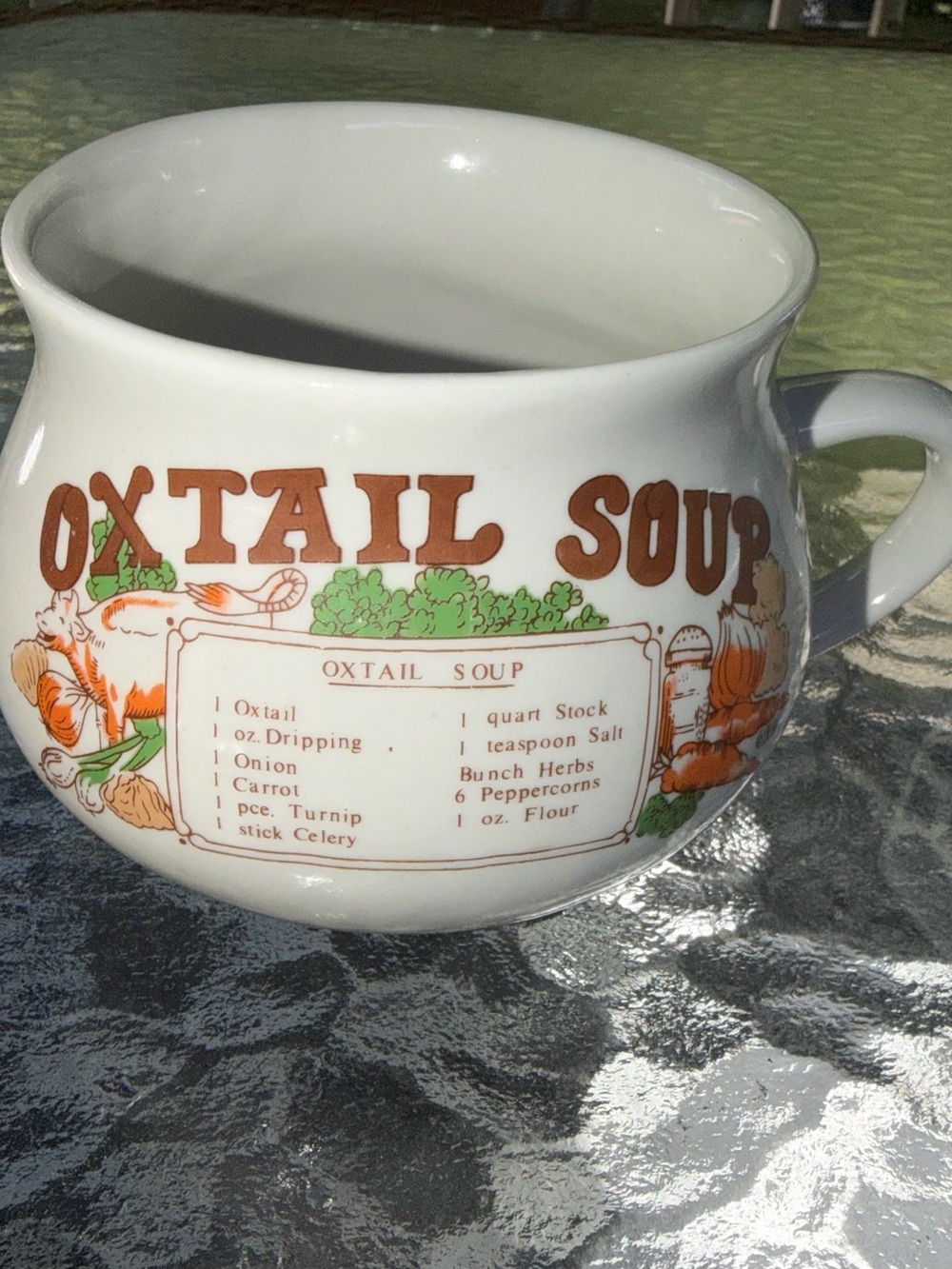 Vintage Oxtail Soup Ceramic Mug - White with Orange and Green Design